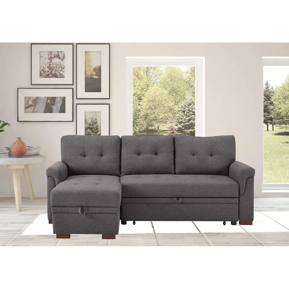 DHgate.com:Dark Gray Linen Reversible Sleeper Sectional Sofa with ...