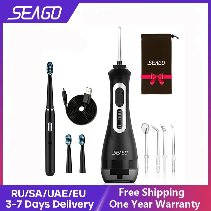 Seago escova de dentes elétrica recarregável com água flosser adultos sonic escova de dentes oral irrigador dental branco preto casa presente 240301