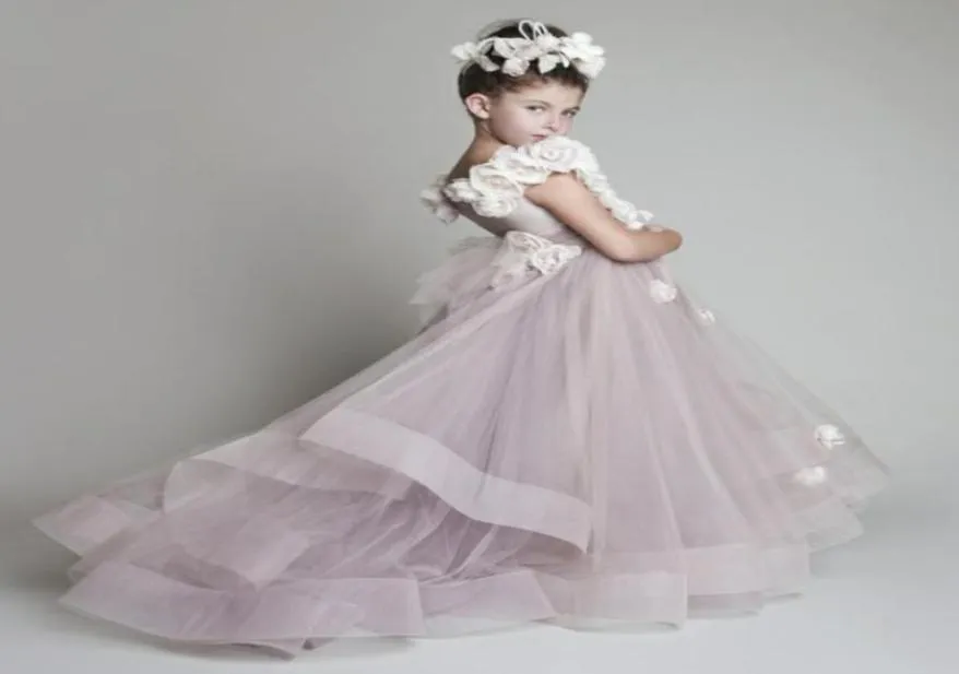 Abiti da ragazza di fiori per matrimoni Nuovo tulle increspato fiori fatti a mano Abiti da spettacolo con una spalla per bambine Glitz Kids Prom 5363498