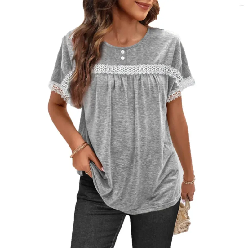 Women's T Shirts O-Neck Lace Stitching Shirt Women Cotton Tunics Casual Top Temperament Pleated Lady Summer 2024 Aesthetic Clothes