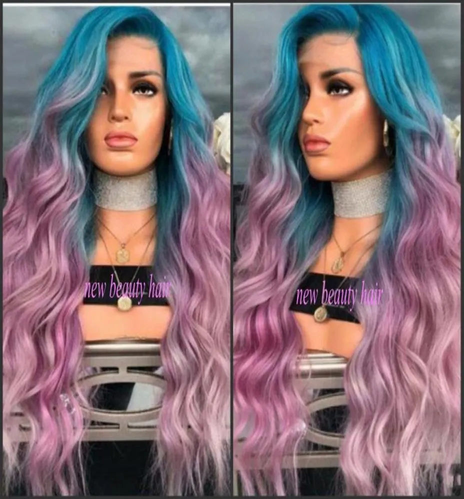 nieuwe mode Peruca Cabelo Diepe Lange Body Wave Haar Pruiken celebrity stijl blauw Ombre roze paars Synthetische Lace Front Pruik Voor Vrouwen6273825