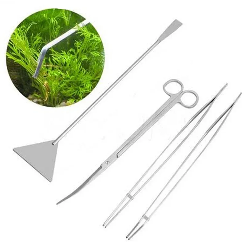 Tillbehör 4 i 1 Aquotic Aquarium Plant Curve Straight Tweezer Scissor Leveler Sand Bulldozer Grass Waterweed Clipper Shear Cleaning Set