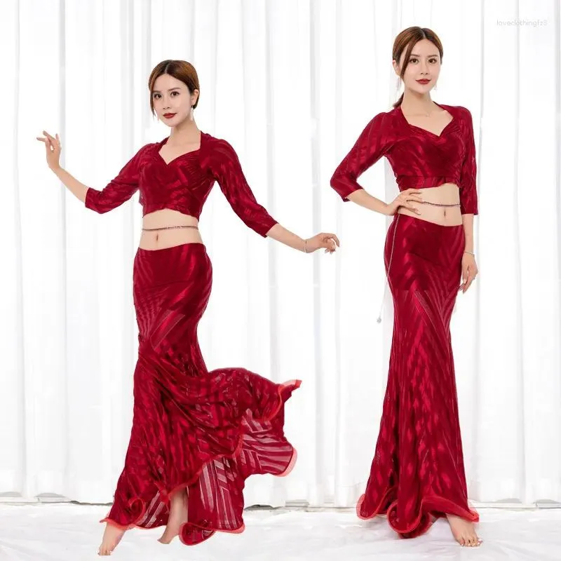 Scene Wear Women Belly Dance Costume 2-Piece Set Practice Oriental Sexig Training Suit for Girls Dancewear Fishtail kjol