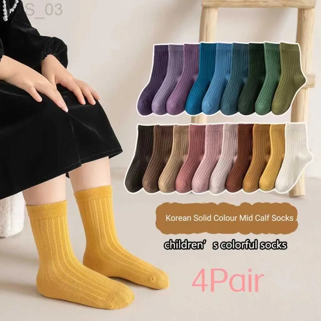 Kids Socks New Autumn Korean Version Of The 4 Pairs Of Solid-Coloured Childrens Socks Boys Girls Mid-Calf Socks Versatile Leisure Sports S YQ240314