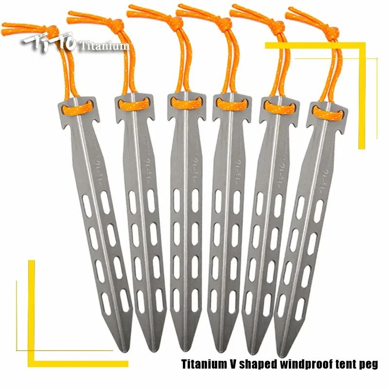 Skydd Tito Titanium Tält Stakes Lightweight Snowfield Heavy Duty V Shape Metal Not Rust Tent Nails Pinns For Outdoor Camping vandring