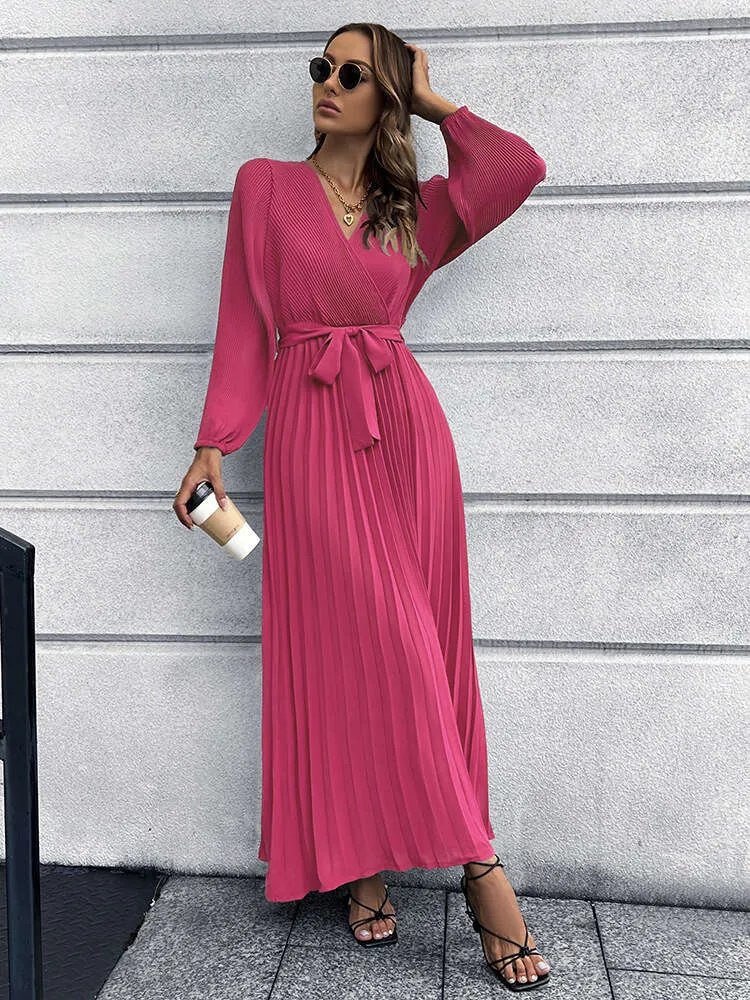 Womens V-Neck Long Sleeve Pleated A-line Mid Length Dress for Autumn in  Silk Blend Material from Dhgate Basic & Casual Dresses - price 20.81