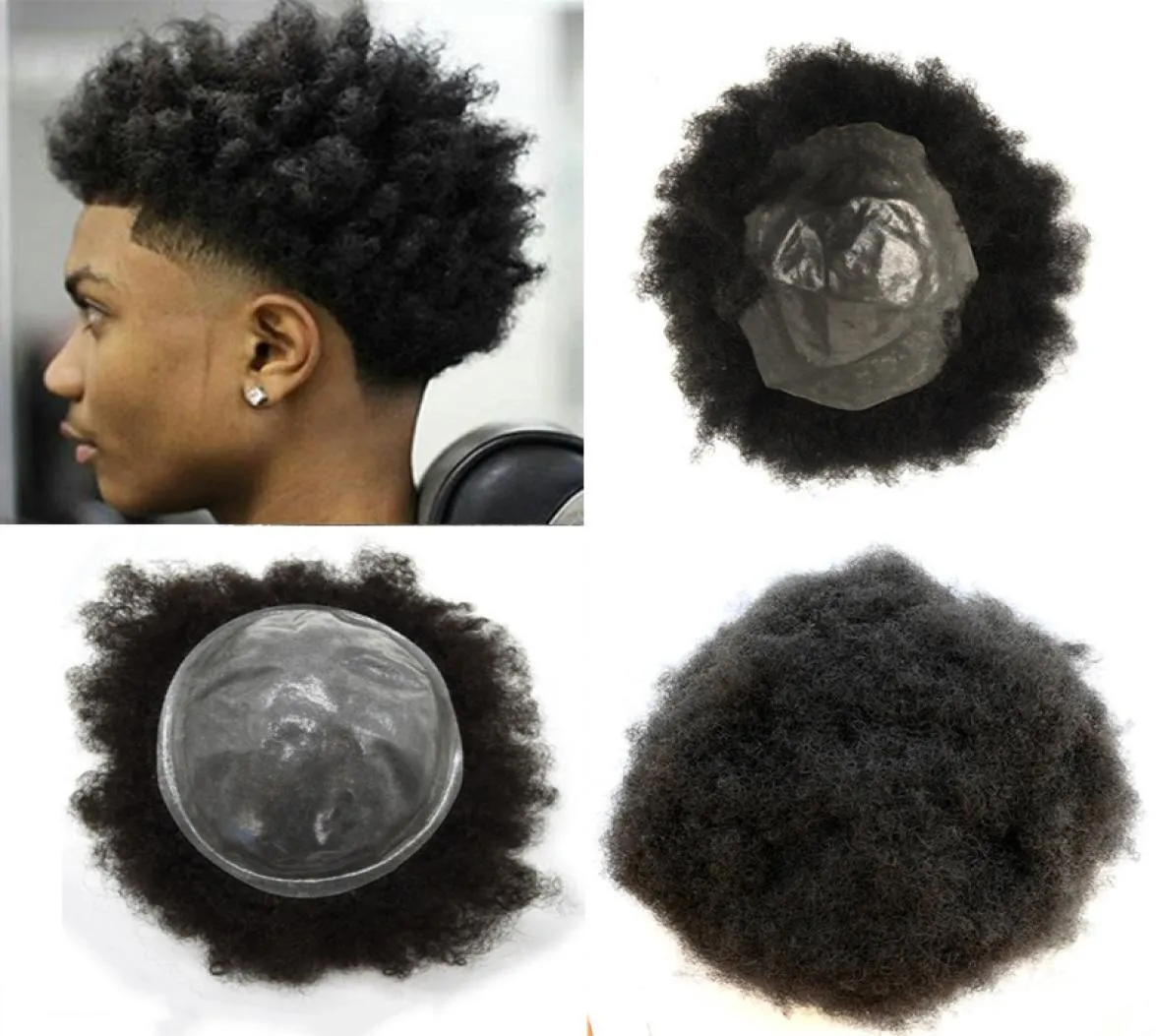 남성 Toupee Afro Curly PU Men Toupee Poly Skin Toupee를위한 남성 교체 시스템 HUMAN HAIR Remy Hair 8x10 인치 Black Toupee Hair5186875
