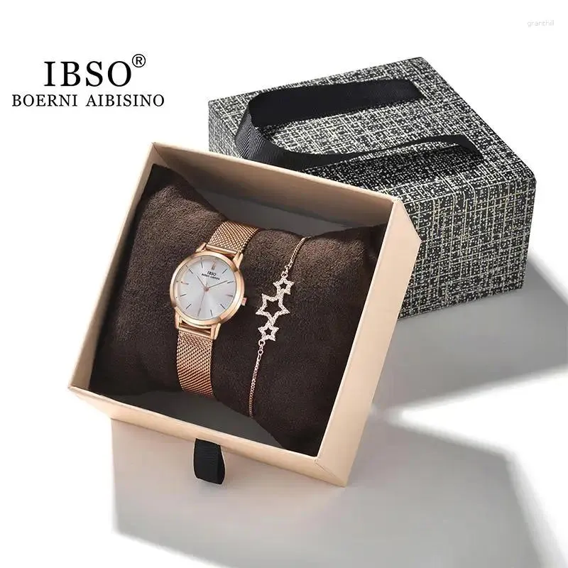 ساعات المعصم IBSO Rose Gold Women's Watch Watch Set Hours Hours Crystal Bracelets Hecrons Bangle