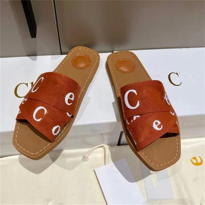 New Designer Women's Wooden Sandal sluffy flat bottomed mule slippers multi-color lace Letter canvas slippers summer home shoes luxury brand sandals Size 35-42