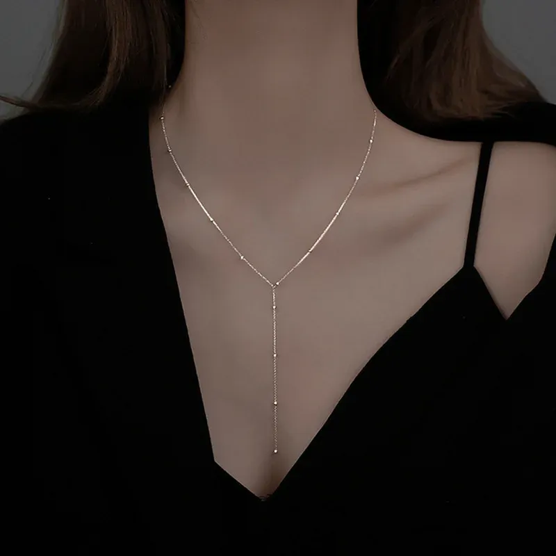 Collier en or jaune 14 carats, perles rondes simples, longue frange, chaîne de clavicule, longue chaîne géométrique, bijoux personnalisés pour femmes, ras du cou