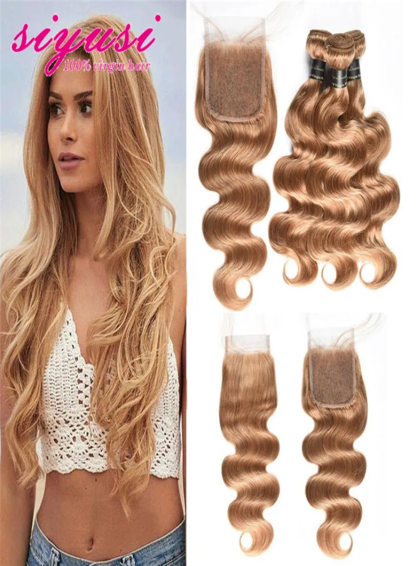 Cabello humano ondulado del cuerpo de Malasia 34 paquetes con cierre 100 27 Extensiones de cabello virgen sin procesar rubio miel con onda del cuerpo La4823918