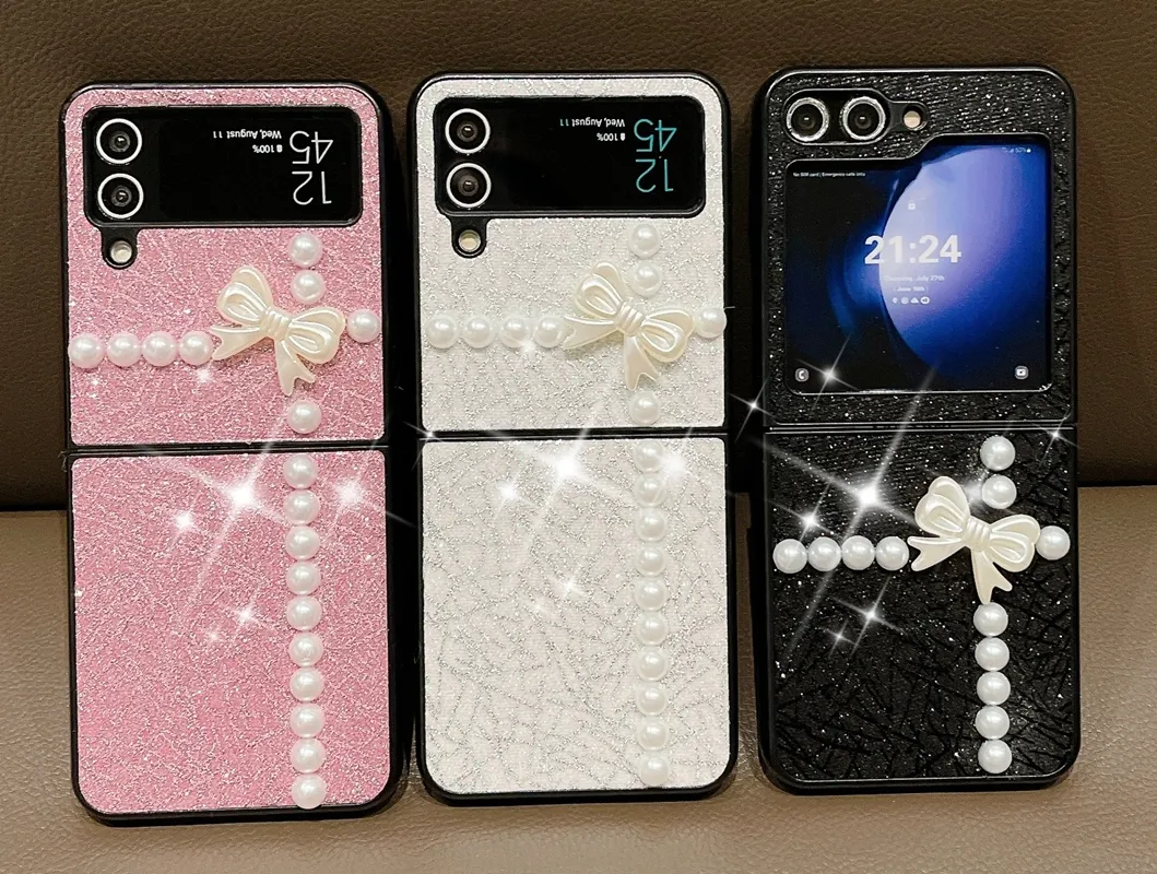 Flip5 3D Bow Perles Étuis pour Samsung Galaxy Z Flip 5 4 3 ZFlip5 Flip4 Bling Bowknot Glitter Sparkle Filles Femmes Lady Dur PC Plastique Antichoc Pliant Mode Couverture