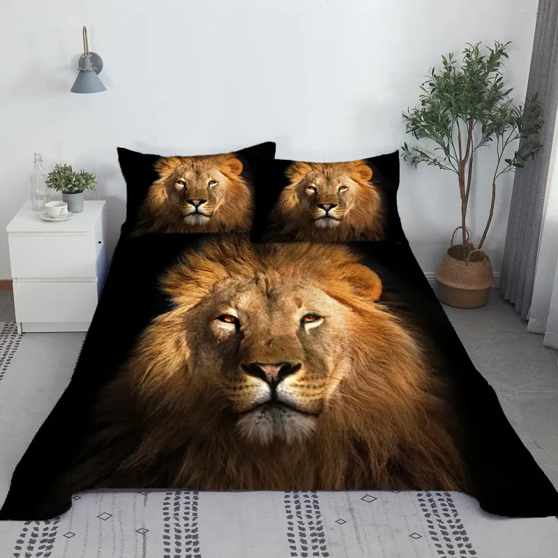 Juego de sábanas de León con estampado 3D, Sábana plana con funda de almohada para niños y adultos, tamaño King Queen, tamaño doble completo, venta al por mayor