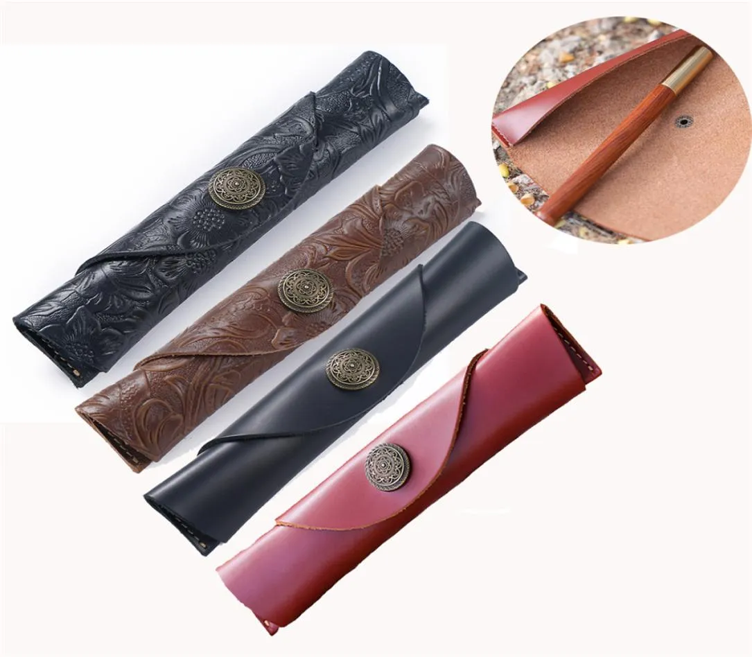 Vintage Handmade Leather Single Pencil Bag Case Holder Cowhide Fountain Pen Sleeve Roll Wrap Storage Pouch XBJK21041451316