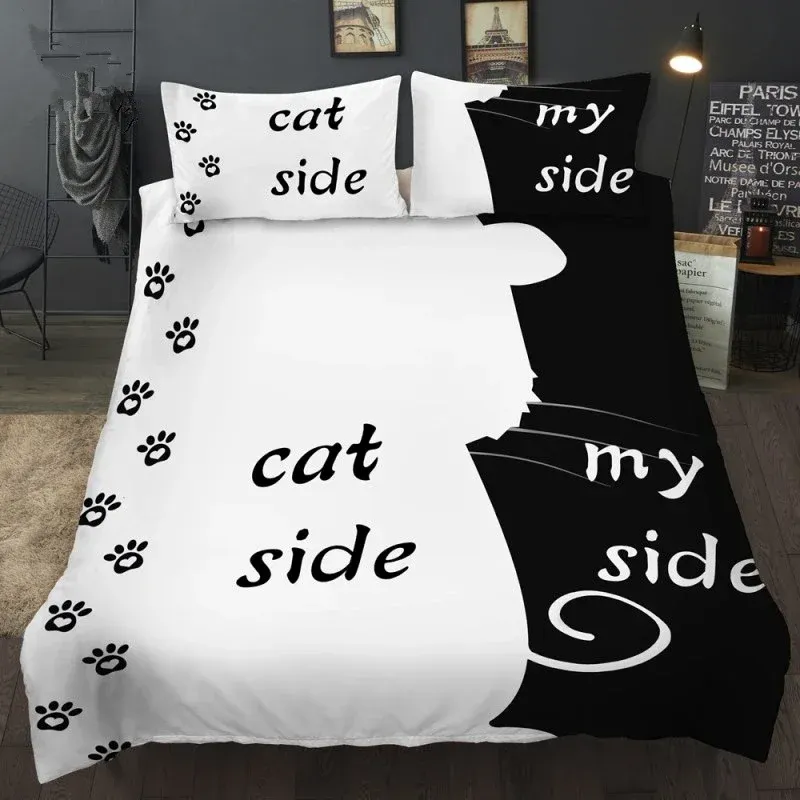 セットシンプルな黒 +白い寝具セット猫/犬/彼と彼女のカップルの寝具枕カバーカスタマイズされた家のテキスタイルベッドセットシアーカーテン