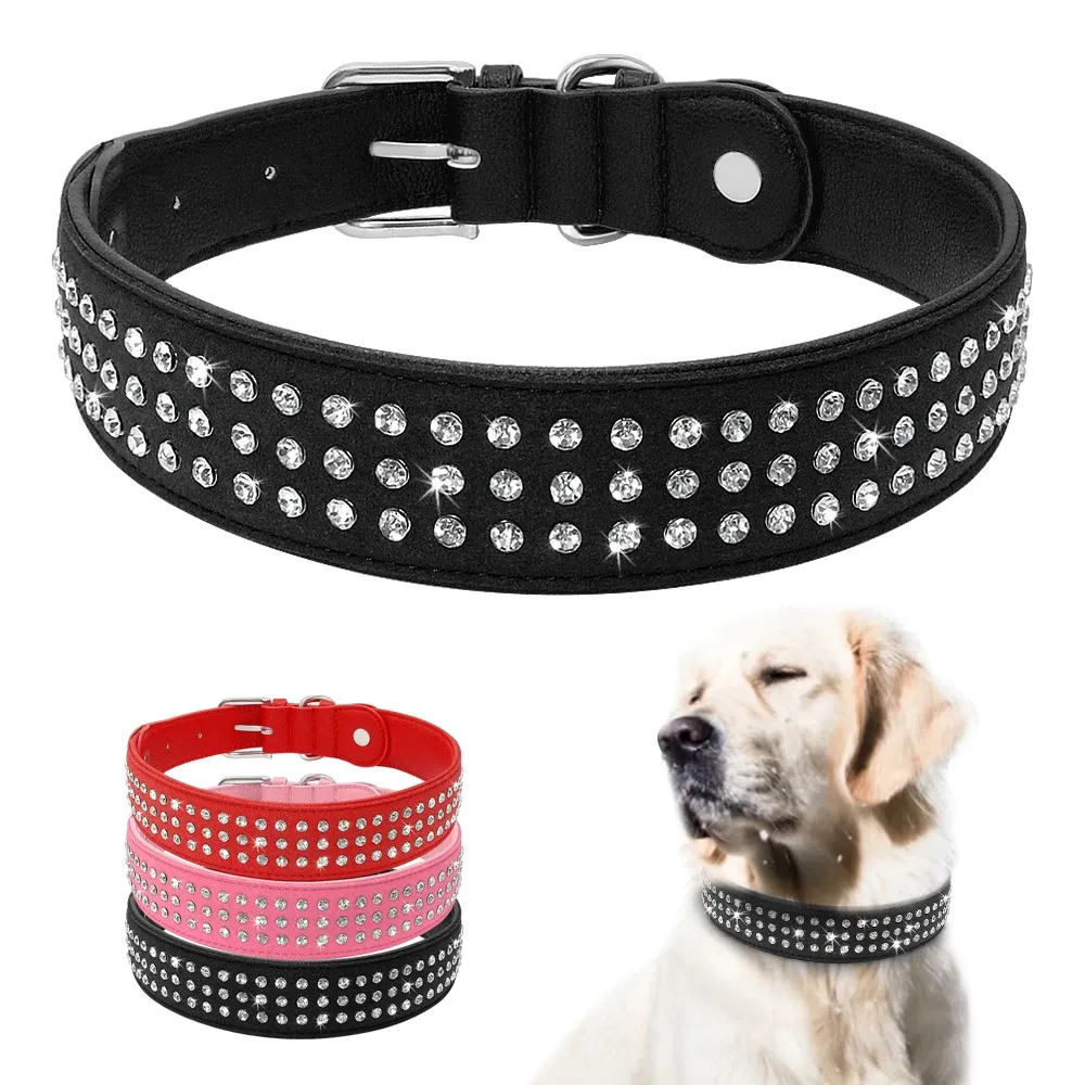 CHARTS Rhinestone Dog Collar Bling Crystal Studded Pet Collar 2 Layer Leather Dog Collar For Large Dogs Pitbull German Shepherd XL