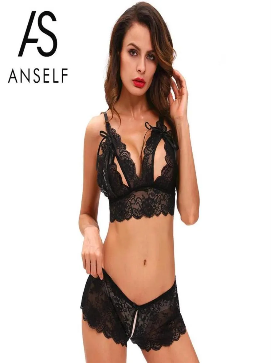 Set lingerie sexy da donna Reggiseno erotico Crotchless Intimo in pizzo Fiocco smerlato Cinghie regolabili Sleepwear Set bikini trasparente34272816409