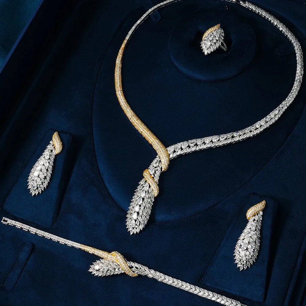 TIRIM Dubai Set di collane da sposa eleganti di lusso per le donne Set di gioielli da sposa con zirconi cubici per accessori da sposa Gioielli per feste 240311