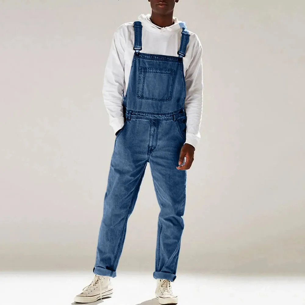 Streetwear Mens Solid Kolor Multi-Papłowe Dżinsowe dżinsowe kombinezony codzienne dżinsowe kombinezon moda męska mężczyzna długie spodnie 240301