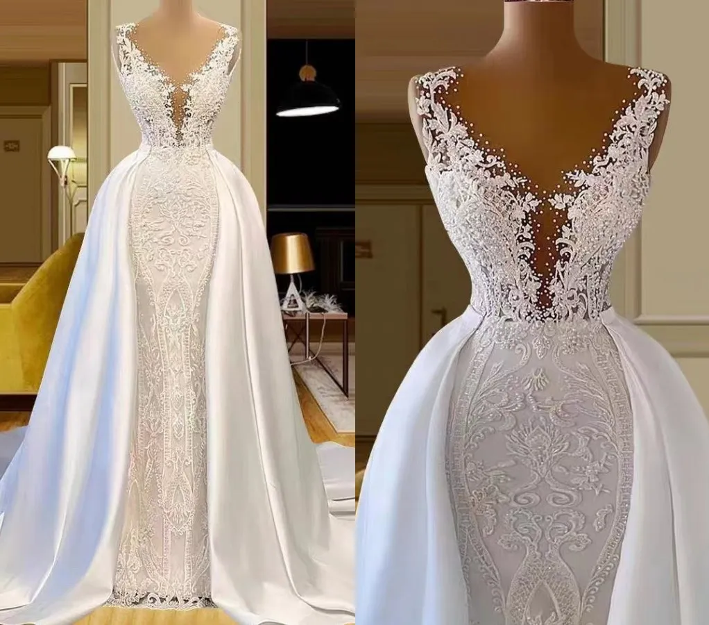 2024 High Quality Mermaid Wedding Dress Sheer Neck Flower Lace Appliques Beads Boho Bridal Formal Gowns Sweep Train Vestidos De Novias Robe De Mariee
