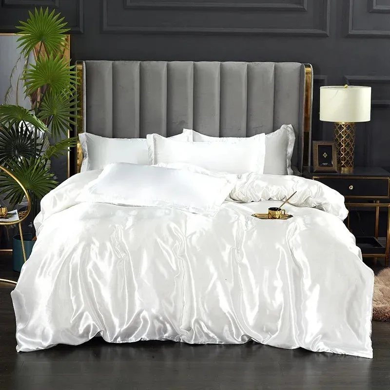 Seidenbettwäsche-Set mit Bettbezug, Bettlaken und Kissenbezug, luxuriöses Satin-Bettlaken, einfarbig, für Doppelbett, Einzelbett, King-Size-Bett, volles Doppelbett, 240314