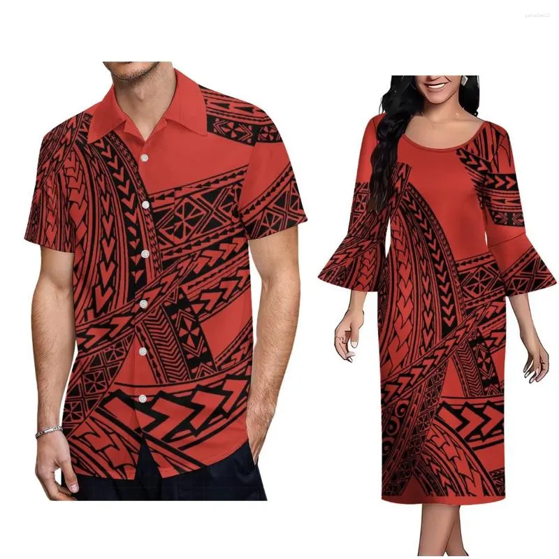 Vestidos de festa Pacífico inspirado vestido estilo polinésio casal combinando Samoa roupa homem camisa solta mulher longa