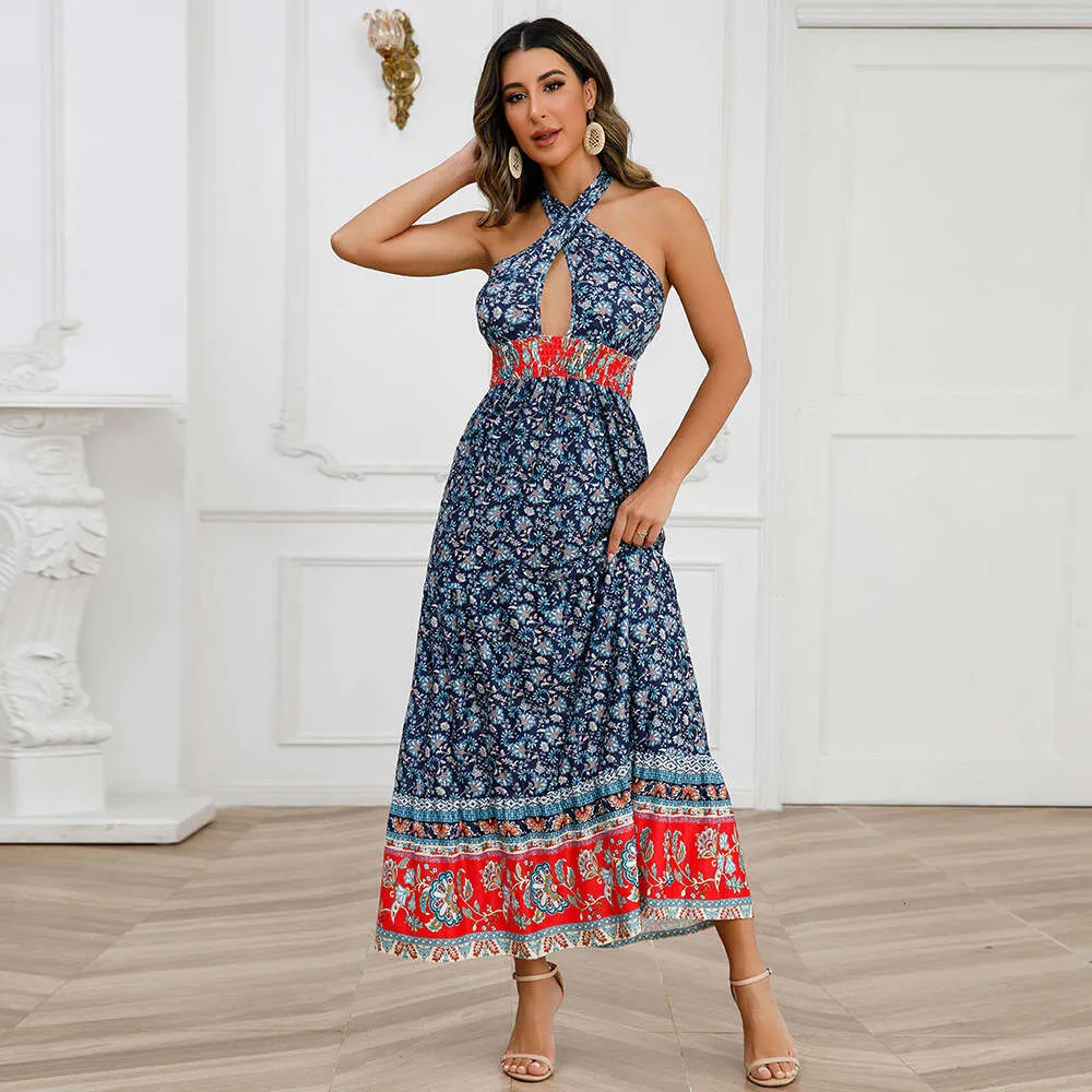 summer halter dresses 2023 Hippie Backless Halter Maxi Dress – Boho Cascading Ruffle Long Dress main image 0