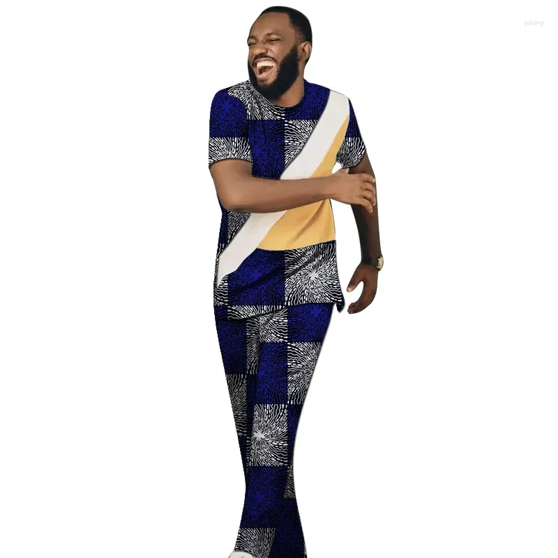 エスニック衣類アフリカントリプリント半袖メンズセットカスタマイズパンツスーツナイジェリアのファッション男性パッチワークトップスーツドロップ