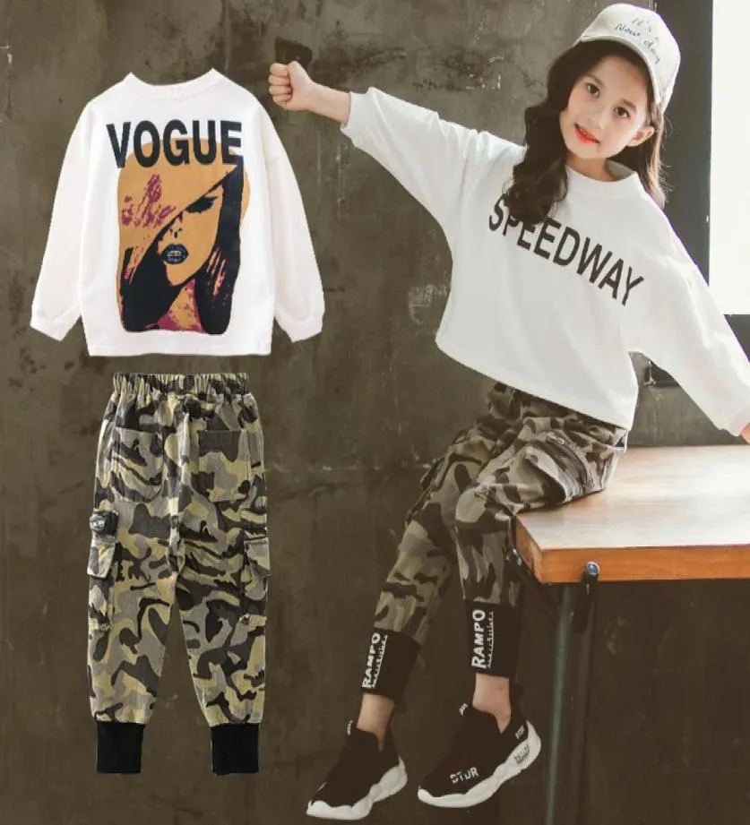 2020 Kinderen Girl039s Kledingset Casual Letters Tops Lange Mouw T-shirts Lange Legging Camouflage Broek Kinderen Meisje TshirtsP8622304