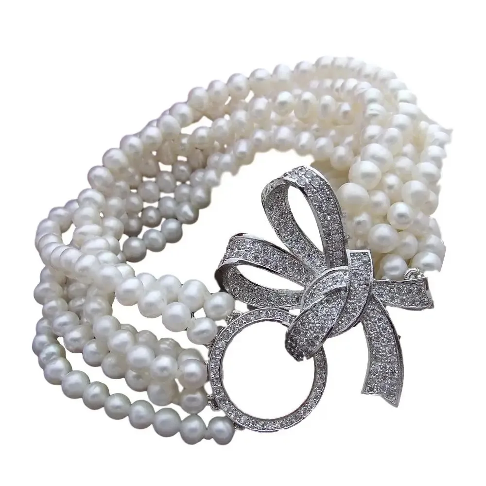 YYGEM 8 6 Strengen Ronde Gekweekte Witte Zoetwaterparel Armband Zirconia Pave Sluiting 240305