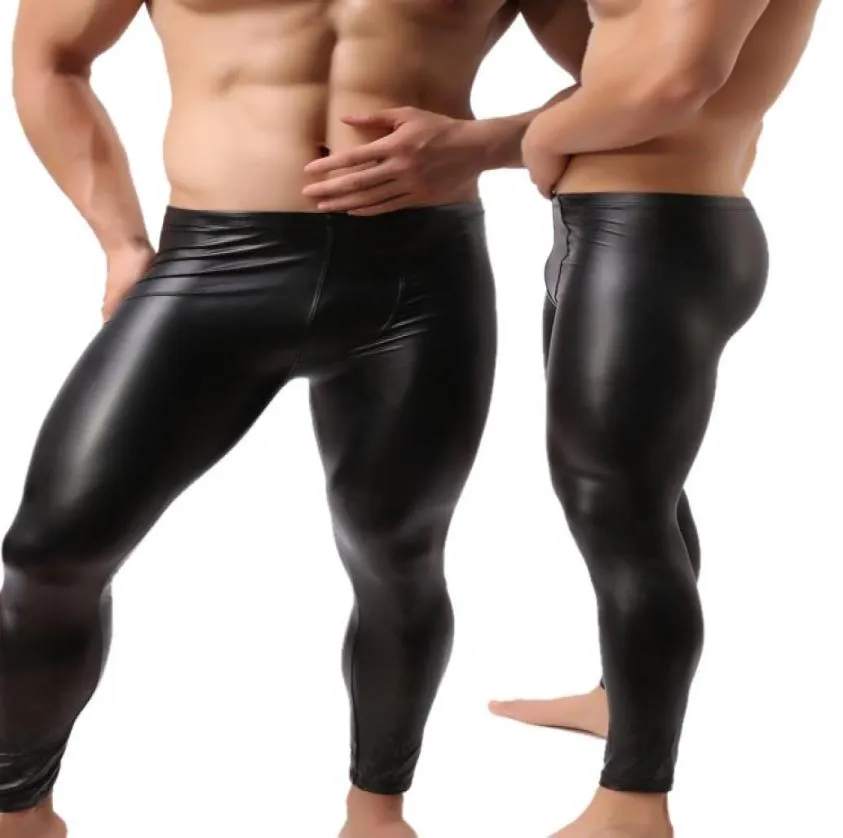 Moda Erkek Siyah Sahte Deri Pantolon Uzun Pantolon Seksi ve Yenilik Sıska Kas Taytlar Erkek Taytlar İnce Fit Sıkı Erkek Pantolon M6897614
