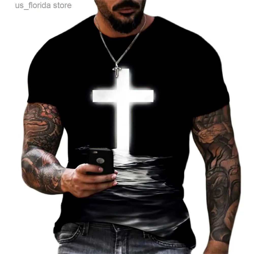 Herren T-Shirts Christliche Herrenbekleidung T-Shirts Übergroßes Vintage-T-Shirt Gothic Jesus Christus Kreuz 3D-Druck O-Ausschnitt Tops Hip Hop Short Slve Y240314