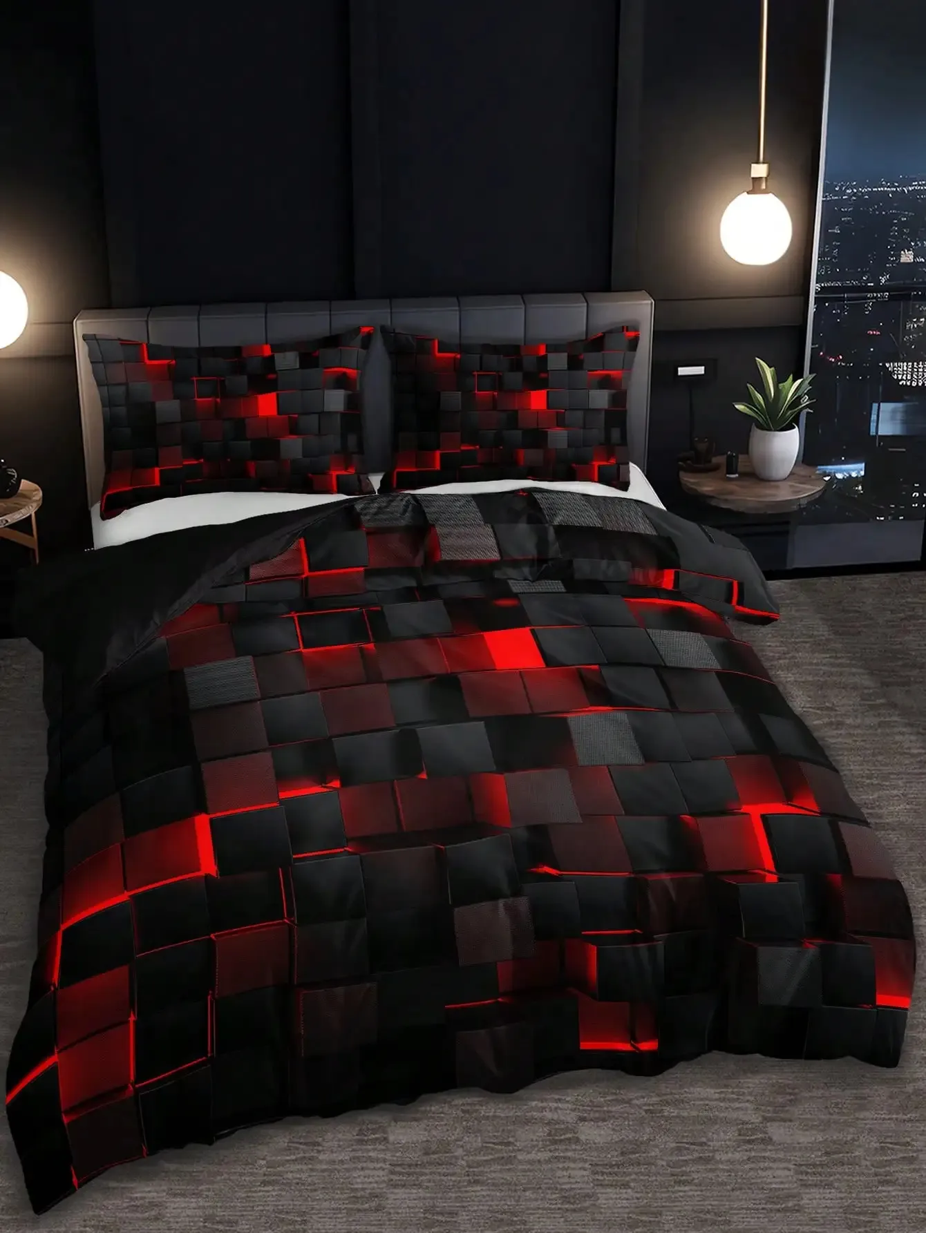 Teknikstil Red Grid Comforter Cover Inklusive 1 Comporter -omslag och 2 kuddfästen som är lämpliga för hem- och sovsal 240306