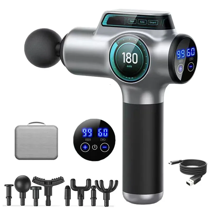 Arma de massagem profissional 2 cores tela lcd elétrica tecido profundo muscular corpo volta massageador relaxamento alívio da dor fáscia arma 240301