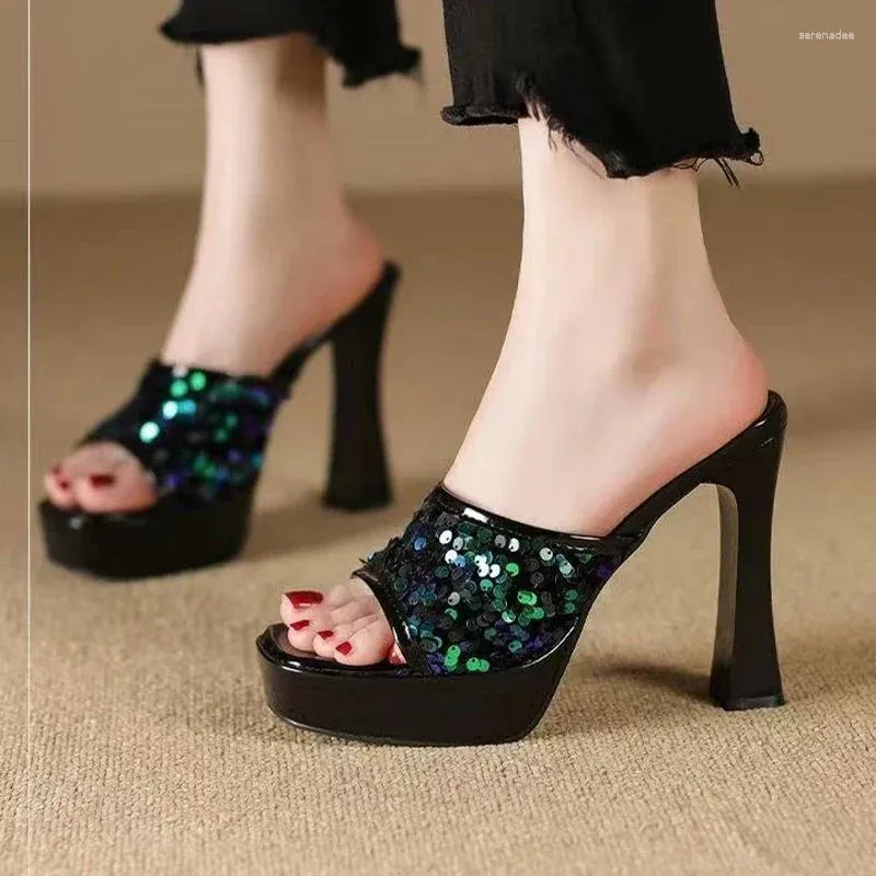 Slippers Bling High Heels Shoes Women Platform Chunky Dress Sandals Sexy Summer 2024 Designer Flip Flops Pumps Mujer Slides