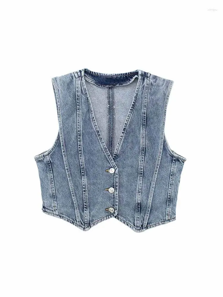 Gilet da donna Donna 2024 Summer Chic Fashion Effetto lavaggio con acqua Ritagliata Gilet di jeans Vintage Scollo a V Gilet femminile Top 6164/110