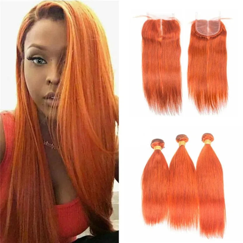 9A Nova Cor Pura Laranja Seda Reta Virgem Brasileira Tecer Cabelo Humano 3 Pacotes Com Parte Do Meio 4x4 Lace Top Encerramento 4 Pcs Lot5950013