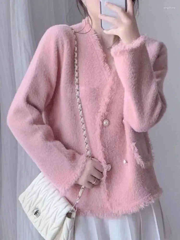 Women's Knits Jmprs Fashion Tassel Pink Cardigan Jacket Korean Loose Double Breasted Knitted Sweater Elegant Pearl Buttons Coat