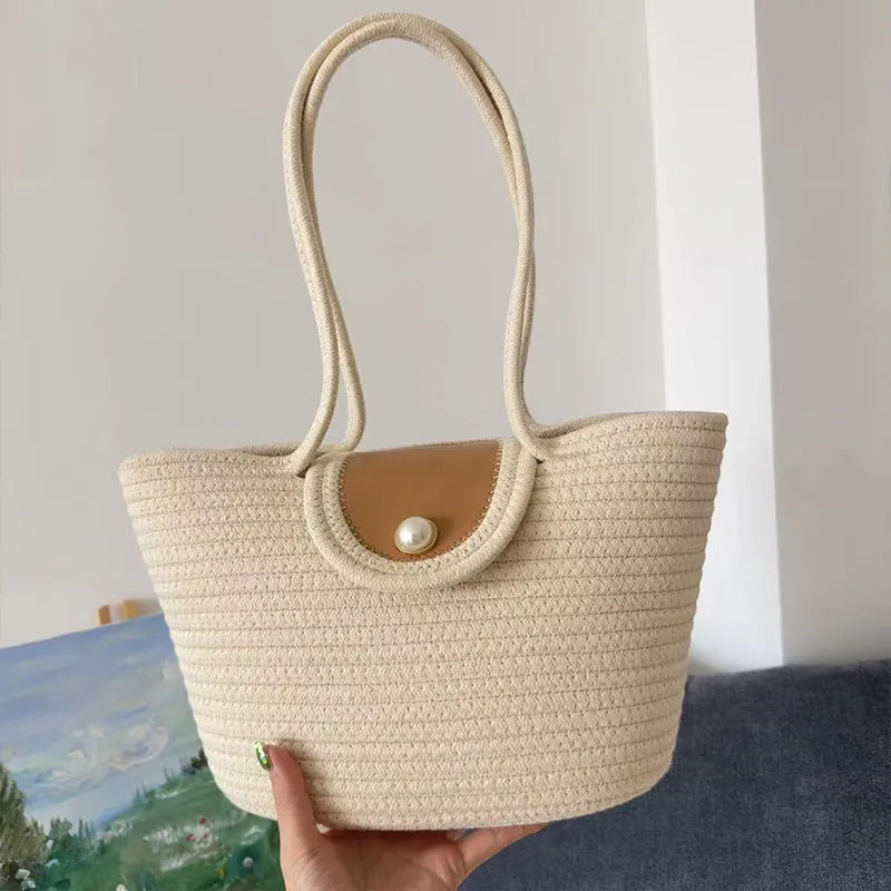 Bolsa feminina de grande capacidade, elegante, simples, de ombro, corda de algodão, fivela de pérola, bolsa portátil de palha