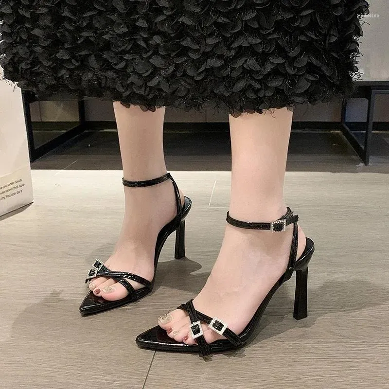 Dress Shoes 2024 Red Pointed Toe Sandals Women Thin High Heels Ladies Narrow Band Summer Buckle Strap Gladiator Pumps Wedding Party