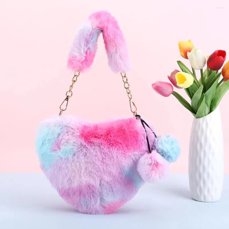 Женская пушистая сумка через плечо с галстуком-красителем Love Heart Hobo, градиент цвета, нечеткая сумка через плечо, плюшевая подмышка, зимняя поездка на работу