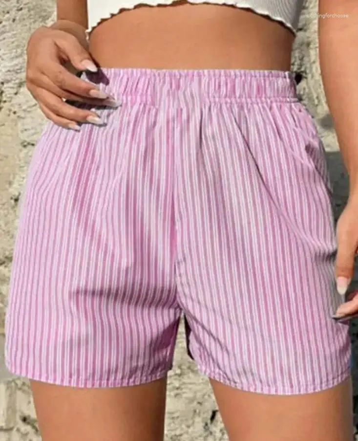 Kvinnors shorts Set Summer 2024 Fashion Casual randig Loose Pocket Elastic Midje byxor