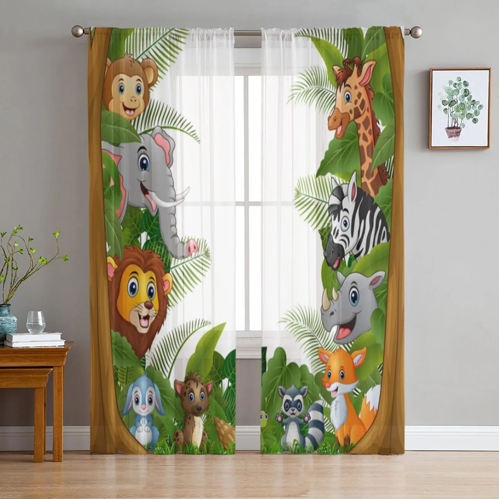 Rideaux Jungle dessin animé Animal Lion zèbre rideaux transparents pour salon enfant chambre Tulle rideaux cuisine fenêtre traitements panneau