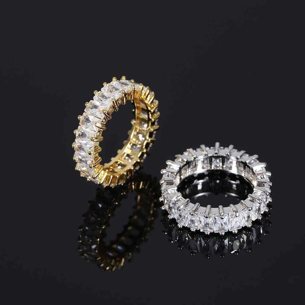 6mm en rad t-kvadrat zirkon med verklig guldelektroplätering personlig design hiphop par ring för män och kvinnor