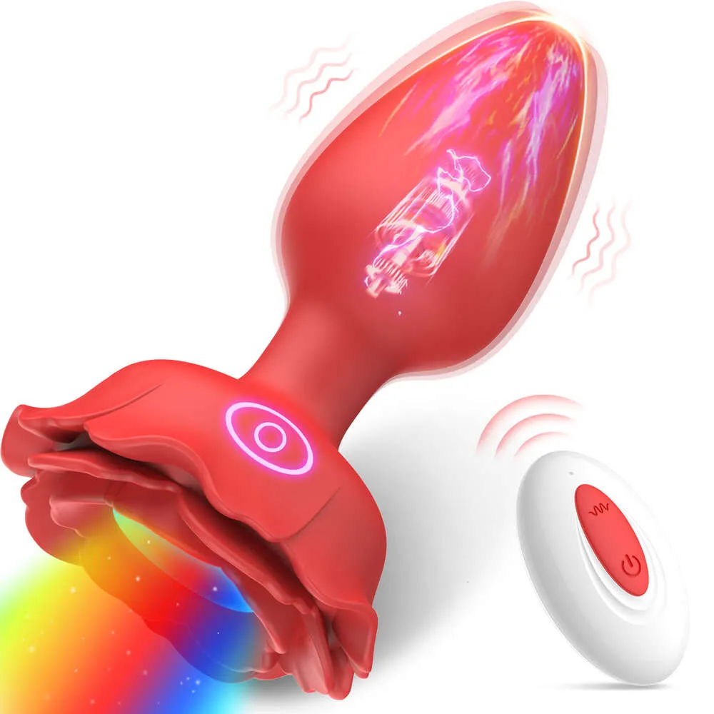 LED Rose Vibrator Anal dla kobiet 10 Wibrujące bezprzewodowe zdalne sterowanie masaż prostaty Dildo Butt Plug Dorosły Sex Toys 18
