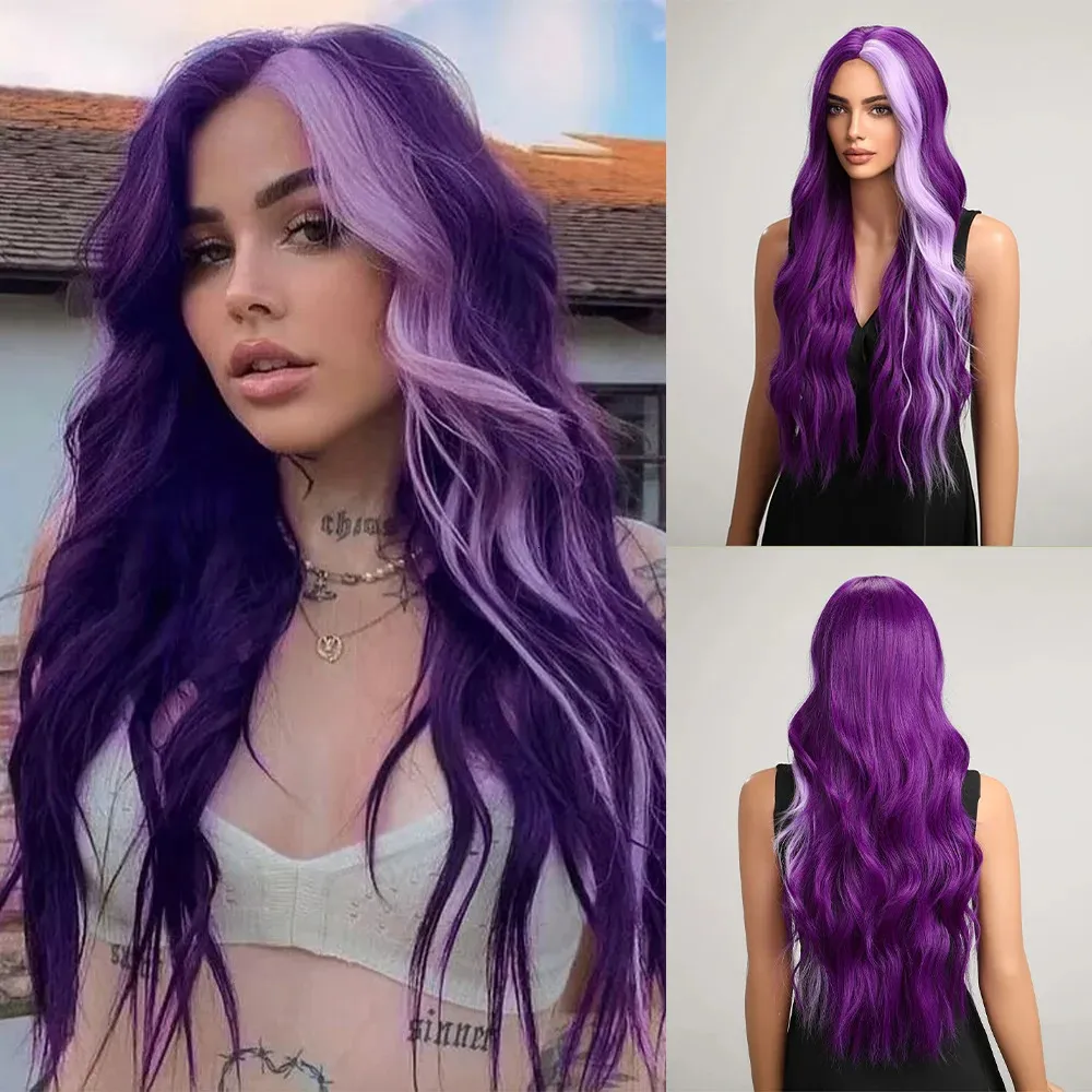 OneNonly longue perruque violette perruques synthétiques pour femmes vague Cosplay fête Halloween perruque cheveux de haute qualité 240305