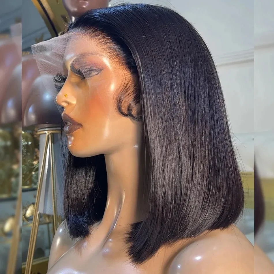 Perruque Bob Lace Frontal Wig brésilienne naturelle, cheveux lisses, HD, pre-plucked, densité 250, transparente, pour femmes