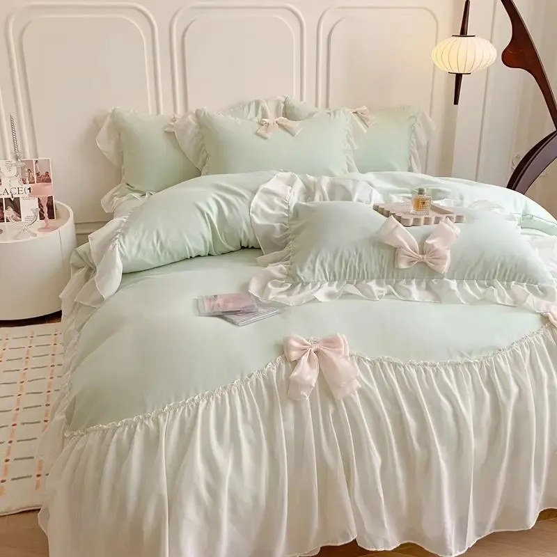 Fransız prenses tarzı yatak takımları fırfır dantel yay yorgan kapağı romantik yatak örtüleri dekor kadın kız yatak odası 240306