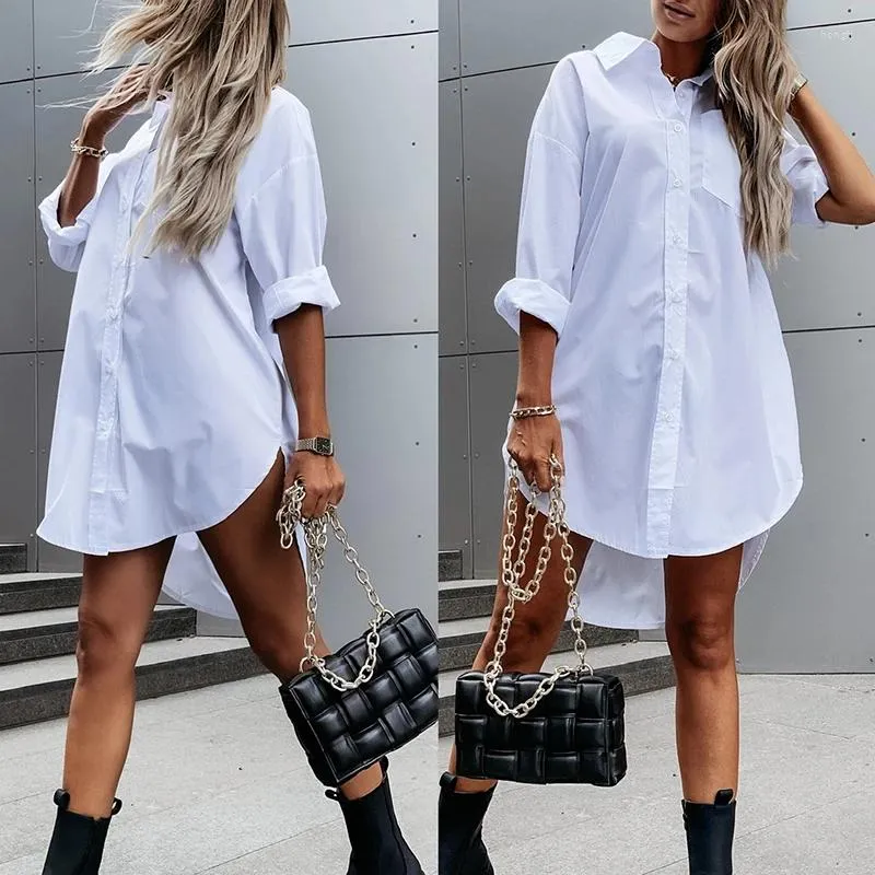 Casual Dresses Elegant Women's White Blouse Top Spring/Summer Simple Loose Fit Long Sleeve V-Neck Button Shirt