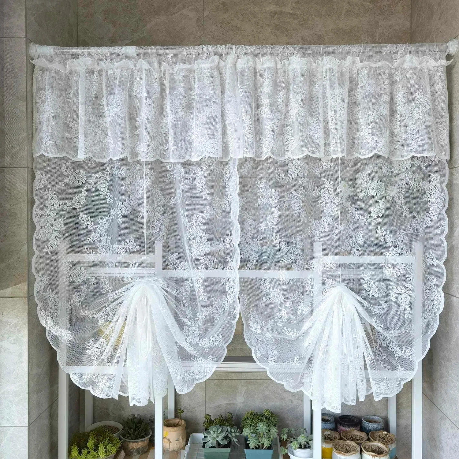 Vorhänge 1 STÜCK Weißer Doppel-Pull-up-Vorhang für kleine Fenster Blumenspitze Sheer Roman Drape Kitchen Study Blinds #E